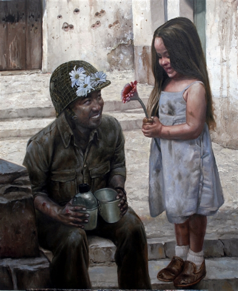 Chris Hopkins - Oil Painter - Internment - Red Flower, The Liberation Of Italy A Japanese American soldier of the 442nd RCT. Chris Hopkins - Oil Painter - Internment - Red Flower, The Liberation Of Italy A Japanese American soldier of the 442nd RCT.